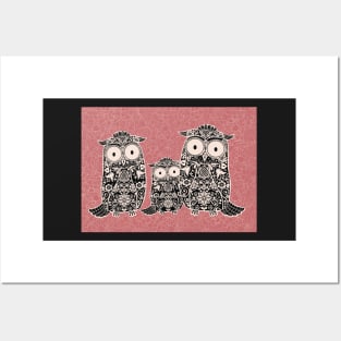 Folk Art Owl Family with Baby Oowl on Rose Pink Floral Background Posters and Art